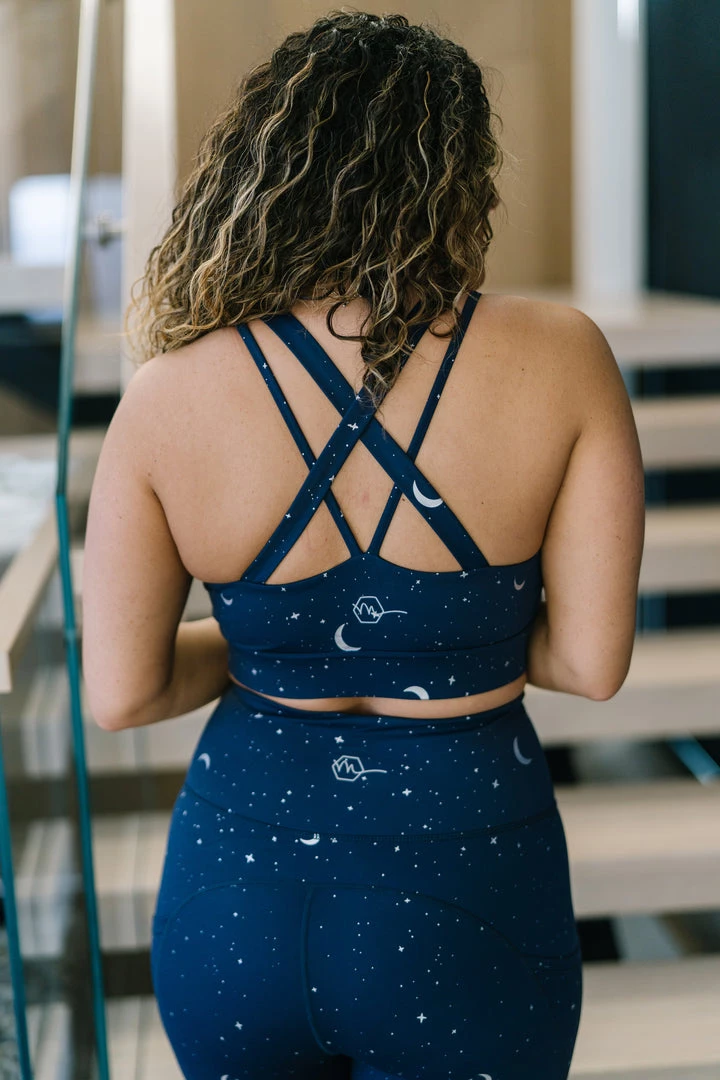 Maven Thread Criss Cross Sports Bra - Navy Moons | MT SPORT Tops 7 Maven Thread Criss Cross Sports Bra - Navy Moons | MT SPORT Tops