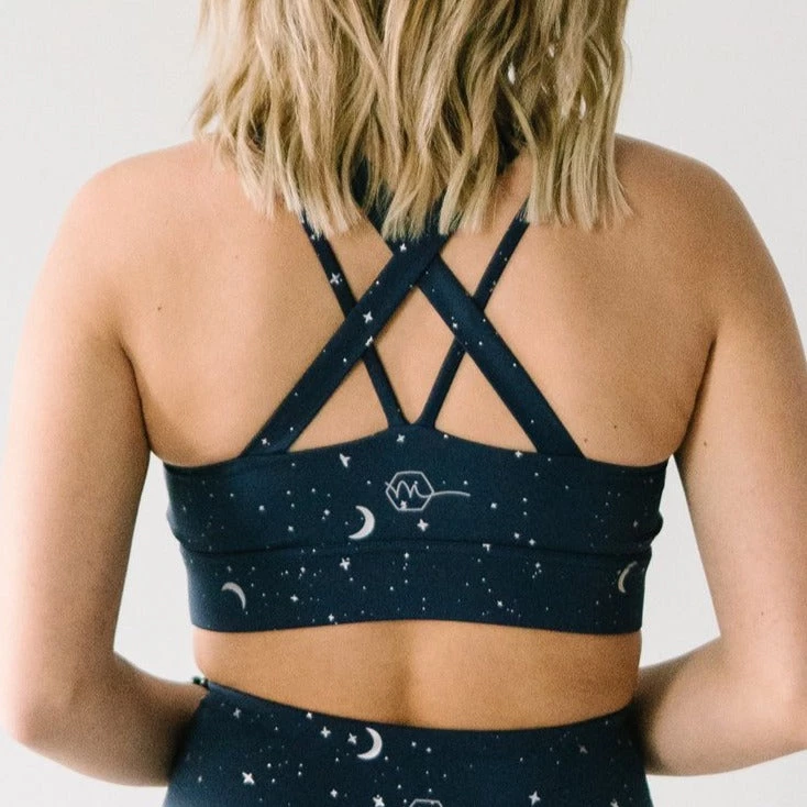 Maven Thread Criss Cross Sports Bra - Navy Moons | MT SPORT Tops 3 Maven Thread Criss Cross Sports Bra - Navy Moons | MT SPORT Tops